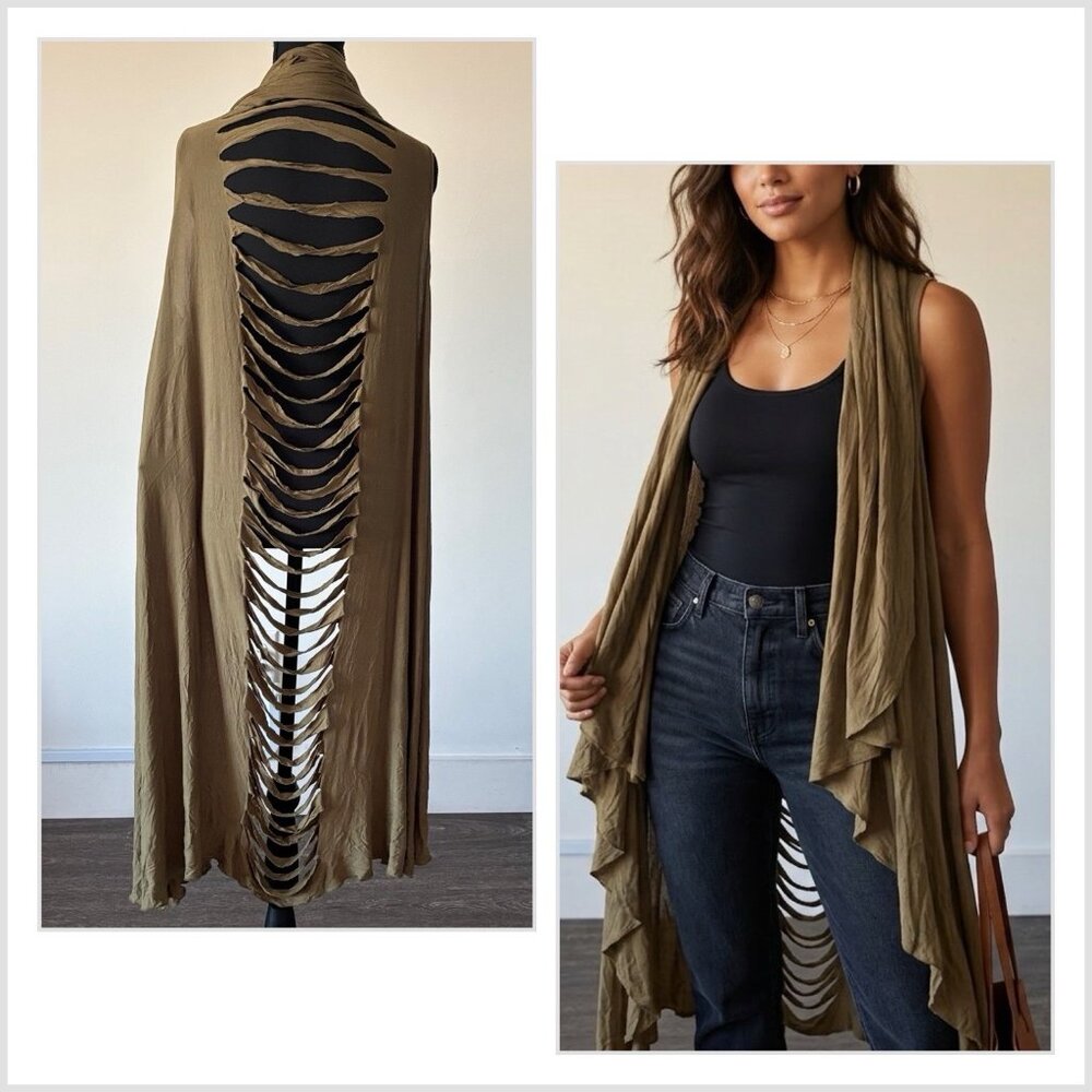 Ashro Open‎ Front Cardigan Vest ONE SIZE MISSY Olive Green Slashed Boho NWT